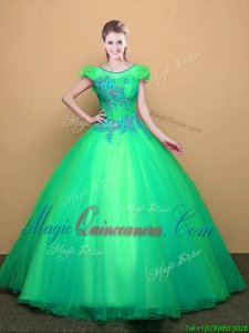 Scoop Turquoise Short Sleeves Tulle Lace Up 15 Quinceanera Dress for Military Ball and Sweet 16 and Quinceanera