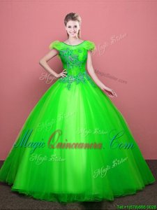Scoop Floor Length Quinceanera Gowns Tulle Short Sleeves Appliques