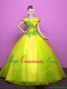 Spectacular Yellow Green Ball Gowns Tulle Scoop Short Sleeves Appliques Floor Length Lace Up Quinceanera Gowns