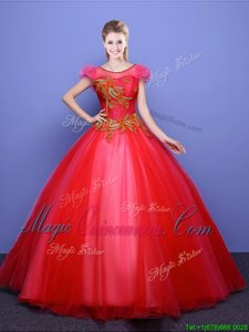 Elegant Scoop Short Sleeves Lace Up 15 Quinceanera Dress Coral Red Tulle