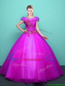 Smart Scoop Short Sleeves Lace Up Floor Length Appliques Ball Gown Prom Dress