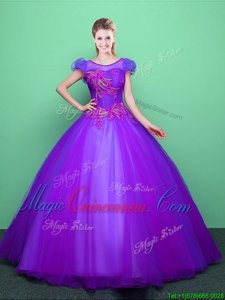 Scoop Purple Ball Gowns Appliques Quinceanera Gowns Lace Up Tulle Short Sleeves Floor Length