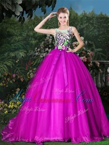 Scoop Sleeveless Brush Train Appliques and Belt Zipper Ball Gown Prom Dress