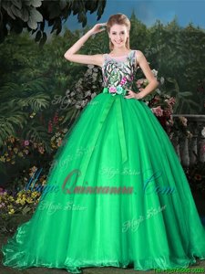 Super Scoop Green Sleeveless Brush Train Appliques and Belt Sweet 16 Quinceanera Dress