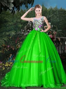 Custom Design Scoop Sleeveless Brush Train Zipper Appliques and Belt Sweet 16 Dress