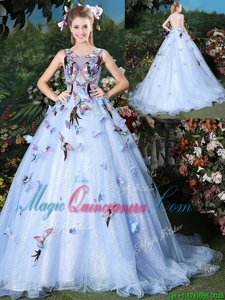 Brush Train Ball Gowns 15th Birthday Dress Light Blue Scoop Organza Sleeveless Floor Length Lace Up