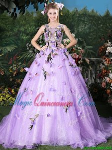 Custom Designed Scoop Lavender Sleeveless Appliques Lace Up 15th Birthday Dress