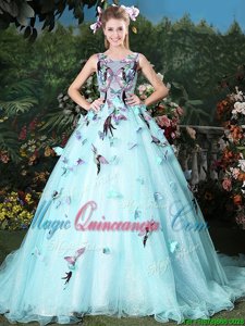 Wonderful Scoop Lace Up Vestidos de Quinceanera Light Blue and In for Military Ball and Sweet 16 and Quinceanera with Appliques Brush Train