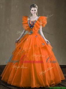 Attractive Orange Red Organza Lace Up Sweetheart Sleeveless Floor Length Sweet 16 Dress Appliques and Ruffles