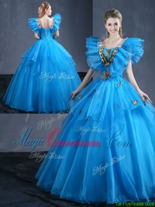 Charming Sleeveless Organza Floor Length Lace Up Ball Gown Prom Dress in Baby Blue for with Appliques and Ruffles