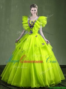 Dazzling Yellow Green Lace Up Sweet 16 Dresses Appliques and Ruffles Sleeveless Floor Length