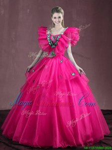 Modest Sleeveless Floor Length Appliques and Ruffles Lace Up Quinceanera Gowns with Hot Pink