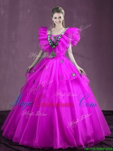 High Class Purple Sleeveless Appliques and Ruffles Floor Length Quinceanera Dresses