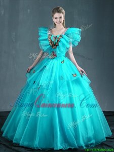 Cute Aqua Blue Ball Gowns Organza Sweetheart Sleeveless Embroidery Floor Length Lace Up Quinceanera Gowns
