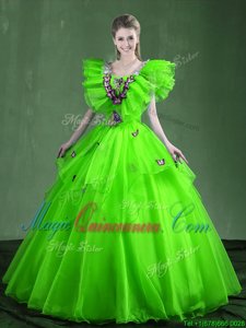 Fashionable Sleeveless Organza Floor Length Lace Up Quinceanera Gown in for with Appliques and Ruffles