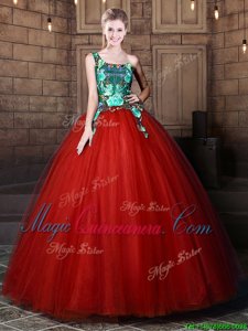 Glamorous Rust Red Ball Gowns Tulle One Shoulder Sleeveless Pattern Floor Length Lace Up Quince Ball Gowns