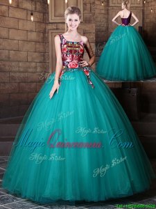One Shoulder Tulle Sleeveless Floor Length Quince Ball Gowns and Pattern