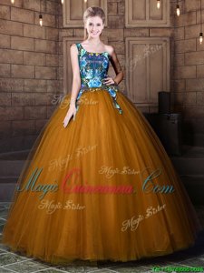 Pretty Brown Ball Gowns Tulle One Shoulder Sleeveless Pattern Floor Length Lace Up 15th Birthday Dress