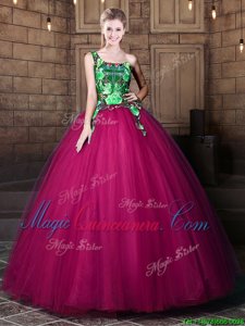 Fuchsia Lace Up One Shoulder Pattern Quinceanera Gowns Tulle Sleeveless