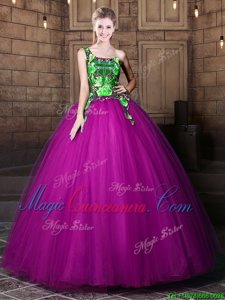 High Quality Purple Tulle Lace Up One Shoulder Sleeveless Floor Length Sweet 16 Quinceanera Dress Pattern