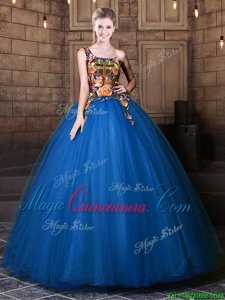 Best Selling One Shoulder Blue Lace Up Sweet 16 Quinceanera Dress Pattern Sleeveless Floor Length
