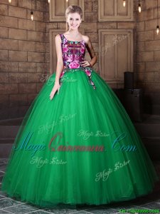One Shoulder Sleeveless Sweet 16 Dresses Floor Length Pattern Green Tulle