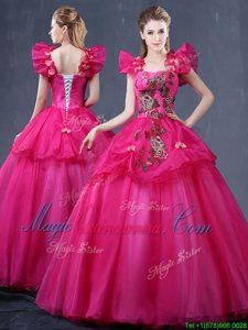 Fuchsia Ball Gowns Tulle Straps Sleeveless Appliques Floor Length Lace Up Quinceanera Dresses