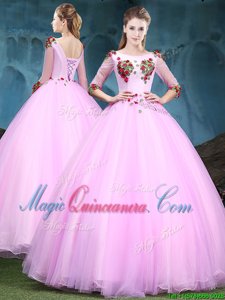 Scoop Half Sleeves Lace Up Floor Length Appliques Ball Gown Prom Dress