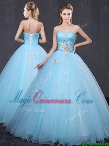Fantastic Light Blue Ball Gowns Sweetheart Sleeveless Tulle Floor Length Lace Up Beading and Appliques Sweet 16 Dress