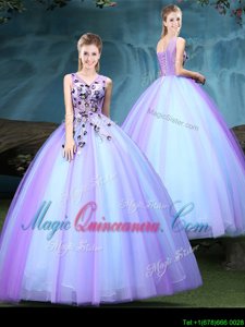 Decent Blue and Lilac V-neck Neckline Appliques 15th Birthday Dress Sleeveless Lace Up