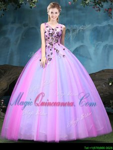 Suitable Sleeveless Tulle Floor Length Lace Up Quince Ball Gowns in Multi-color for with Appliques