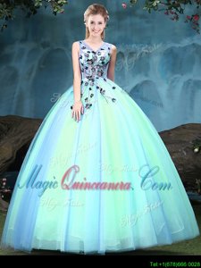 Multi-color Lace Up V-neck Appliques Sweet 16 Dresses Tulle Sleeveless