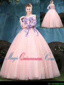 Scoop Long Sleeves Tulle Floor Length Lace Up Quinceanera Dress in Baby Pink for with Appliques