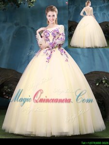 Scoop Light Yellow Long Sleeves Appliques Floor Length Vestidos de Quinceanera