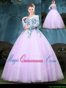 High Quality Scoop Long Sleeves Floor Length Appliques Lace Up 15th Birthday Dress with Lilac
