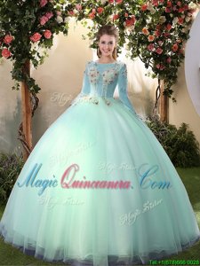 Scoop Long Sleeves Lace Up Floor Length Appliques Quinceanera Gowns