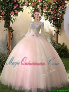 Peach Ball Gowns Tulle Scoop Long Sleeves Appliques Floor Length Lace Up Ball Gown Prom Dress