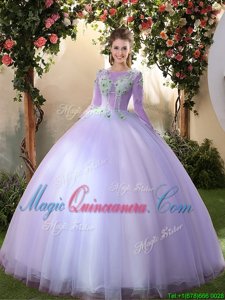New Arrival Lavender Tulle Lace Up Scoop 3|4 Length Sleeve Floor Length 15th Birthday Dress Appliques