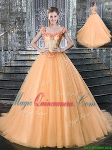 Traditional Straps Straps With Train Ball Gowns Sleeveless Orange 15 Quinceanera Dress Brush Train Lace Up