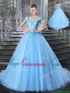 Custom Fit Straps Straps Light Blue Tulle Lace Up Sweet 16 Dresses Sleeveless With Brush Train Beading and Appliques