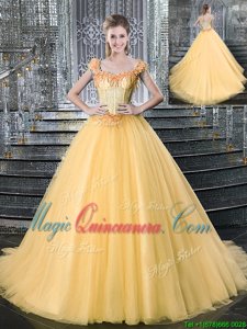 Straps Straps Gold Ball Gowns Beading 15 Quinceanera Dress Lace Up Tulle Sleeveless With Train
