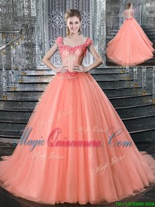 Simple Straps Sleeveless Brush Train Lace Up Sweet 16 Quinceanera Dress Peach Tulle