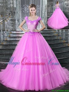 Straps Straps Fuchsia Tulle Lace Up Ball Gown Prom Dress Sleeveless With Brush Train Beading and Appliques