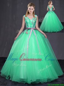 Sumptuous Turquoise Tulle Lace Up 15 Quinceanera Dress Sleeveless Floor Length Appliques and Belt