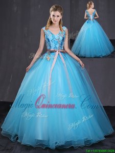 V-neck Sleeveless Tulle 15 Quinceanera Dress Appliques and Belt Lace Up