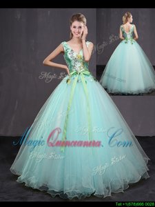 Floor Length Lace Up Vestidos de Quinceanera Aqua Blue and In for Military Ball and Sweet 16 and Quinceanera with Appliques and Belt