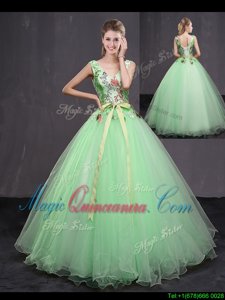 Ball Gowns Ball Gown Prom Dress Apple Green V-neck Tulle Sleeveless Floor Length Lace Up