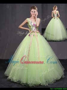 Affordable Yellow Green Ball Gowns Tulle V-neck Sleeveless Appliques and Belt Floor Length Lace Up Quinceanera Dresses