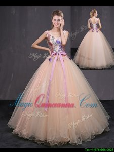 Floor Length Peach 15 Quinceanera Dress V-neck Sleeveless Lace Up