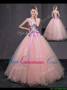 Romantic Baby Pink Lace Up V-neck Appliques and Belt Sweet 16 Dress Tulle Sleeveless